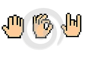 Set of pixel icons of hand on a white background.