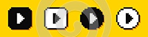 Set of pixel play buttons. Video audio player. 8-bit video game style. Vector illustration