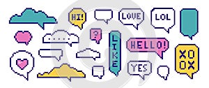 Set of pixel speech bubbles, text frames of different shapes, dialog boxes. Pixel art, retro style. Design of video game
