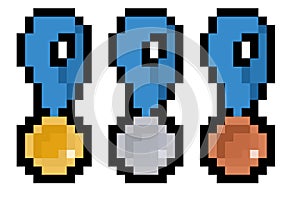 Set of pixel sport medals in gold, silver and bronze or 1st, 2nd, 3rd - vector, isolated