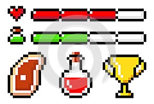 Set of pixel symbols, elements for pixel mobile game, videogame, 80s style, 8bit objects, icons