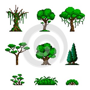 A set of pixel trees for games and mobile applications. Isolated vector illustration