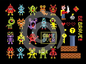 Set of pixel video game characters in retro computer style.