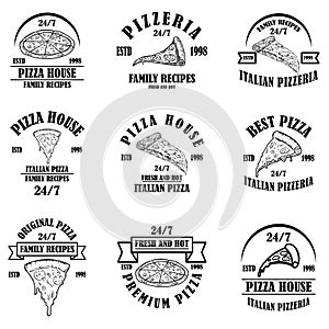 Set of pizza house emblems. Pizzeria labels. Design element for logo, sign, poster, card.