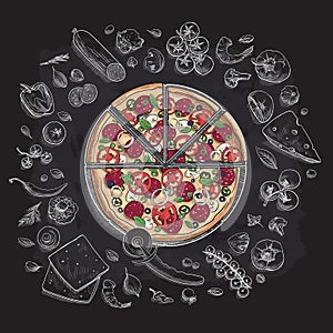 Set of pizza ingredients in doodle style isolated