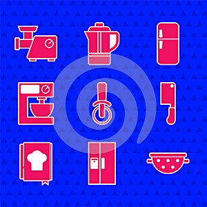 Set Pizza knife, Refrigerator, Kitchen colander, Meat chopper, Cookbook, Electric mixer, and meat grinder icon. Vector