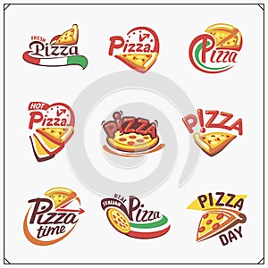 Set of pizza labels, badges, icons and design elements. Emblems for pizzeria.