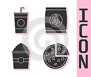 Set Pizza, Paper glass with straw, Popcorn in box and Hard bread chucks crackers icon. Vector