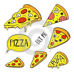 Set of pizza slice. Cute kawaii fast food vector character, isolated on white. Vector EPS10