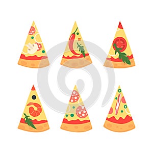 Set of pizza slices with different toppings including shrimps, chili pepper, mushrooms, bacon, cheese, tomatoes, salami