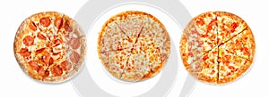 Set of pizzas: pepperone, cheese, chicken and tomatoes photo