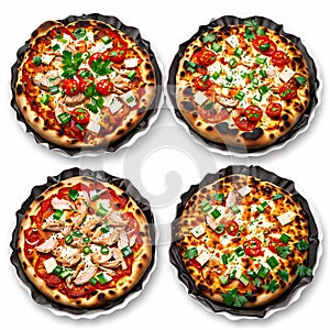 Set of pizzas: pepperone, cheese, chicken and tomatoes, tuna, shrimp isolated on white background photo
