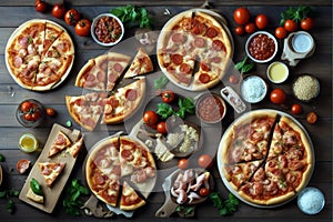 Set pizzas: tomatoes tuna cheese pepperone chicken shrimp photo