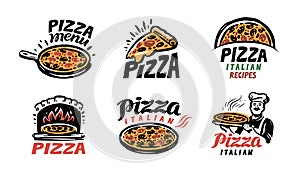 Set of pizzeria labels, badges, and design elements for restaurant or cafe menu