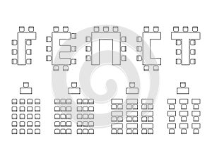 Set of plan for arranging seats in interior, auditorium with place spectators, classroom, theater, lecture hall, layout