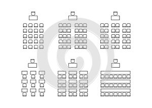 Set of plan for arranging seats in interior, auditorium with place spectators, classroom, theater, lecture hall, layout