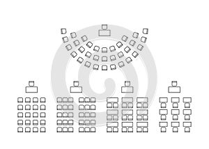 Set of plan for arranging seats semicircle and rows in interior, , layout outline. Place spectators, classroom, map