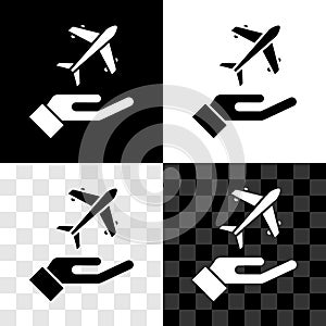 Set Plane in hand icon isolated on black and white, transparent background. Flying airplane. Airliner insurance