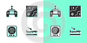 Set Plane landing, Drone remote control, Attitude indicator and World travel map icon. Vector