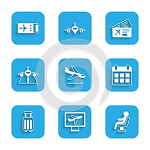 Set Plane landing, Human waiting airport terminal, Calendar airplane, Suitcase, Airline ticket and icon. Vector