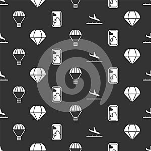 Set Plane landing, Parachute, Box flying on parachute and Airplane window on seamless pattern. Vector