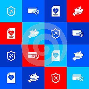 Set Plane with shield, Credit card, Health insurance and Piggy bank icon. Vector