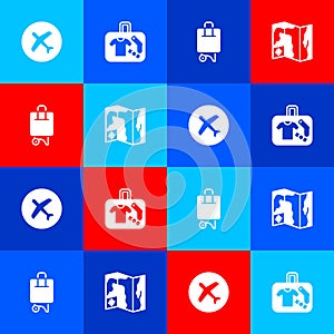Set Plane, Suitcase, and World travel map icon. Vector