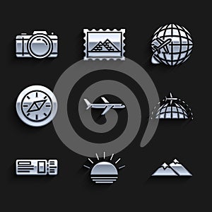 Set Plane, Sunset, Mountains, Globe with flying plane, Travel ticket, Compass, and Photo camera icon. Vector