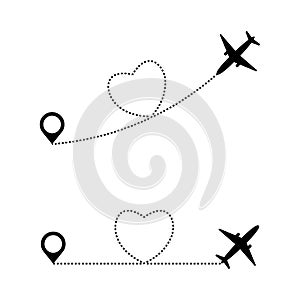 Set of planes path with location pins vector illustration. Heart dashed line trace and plane routes
