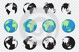 Set of Planet Earth icons in three different versions. Collection of Planet Earth icons