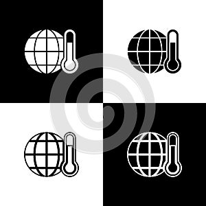 Set Planet earth melting to global warming icon isolated on black and white background. Ecological problems and