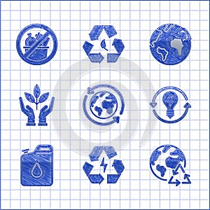 Set Planet earth and a recycling, Battery with recycle symbol, Recycle light bulb lightning, Canister for gasoline