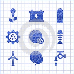 Set Planet earth and a recycling, Earth globe leaf, Water tap, Fish skeleton, Wind turbine, Recycle symbol gear