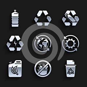 Set Planet earth and a recycling, No trash, Recycle bin with recycle symbol, Solar energy panel, Bio fuel canister