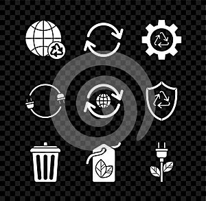 Set Planet earth and a recycling, Refresh, Recycle symbol gear, Trash can, Tag with leaf, Electric saving plug, and icon