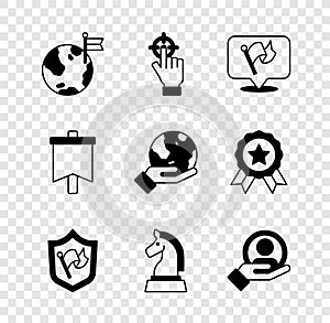 Set Planet with flag, Target, Flag, Shield, Chess, Hand for search people, and holding Earth globe icon. Vector