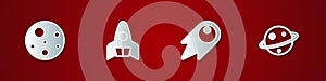 Set Planet Mars, Rocket ship, Comet falling down fast and Saturn icon. Vector