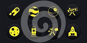 Set Planet Mars, Telescope, Rocket ship, and Comet falling down fast icon. Vector
