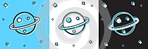 Set Planet Saturn with planetary ring system icon isolated on blue and white, black background. Vector