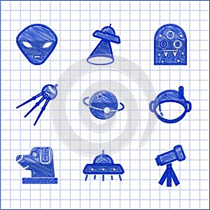 Set Planet, UFO flying spaceship, Telescope, Astronaut helmet, Dog astronaut, Satellite, Alien and icon. Vector
