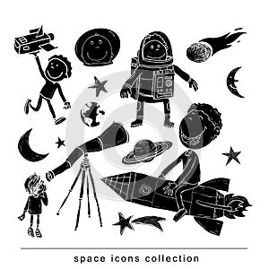 Set of planets icon, hand drawn vector illustration. black.
