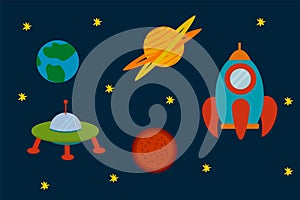 A set of planets with rockets. Cartoon space objects in space. Pattern for children`s textiles. Vector Shuttle, Rocket, Satellite