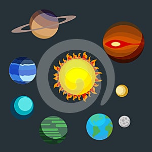 Set the planets of the solar system. Earth, Mars, Pluto, Neptune, Saturn, Uranus around the large star. Vector