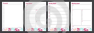 Set of planners with minimalistic floral design. Monthly, weekly, daily planner, to do list