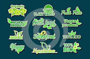 set plant based natural product stickers organic healthy vegan market logos fresh food emblems badges collection