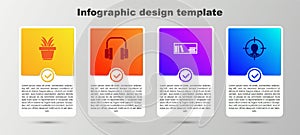 Set Plant in pot, Headphones, Shelf with books and hunting concept. Business infographic template. Vector