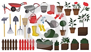 Set of plants and garden tools isolated on a white background.