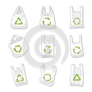 Set of plastic bag hand drawing with recycle symbol. Reuse of plastic bags to reduce plastic waste Pollution problem concept.