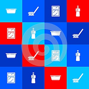 Set Plastic basin, Brush for cleaning, Cleaning service windows and Dishwashing liquid bottle icon. Vector