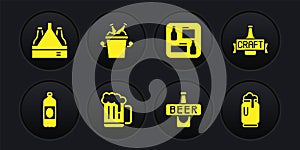 Set Plastic beer bottle, Beer, Wooden mug, menu, bottles in ice bucket, can with foam and Pack of icon. Vector